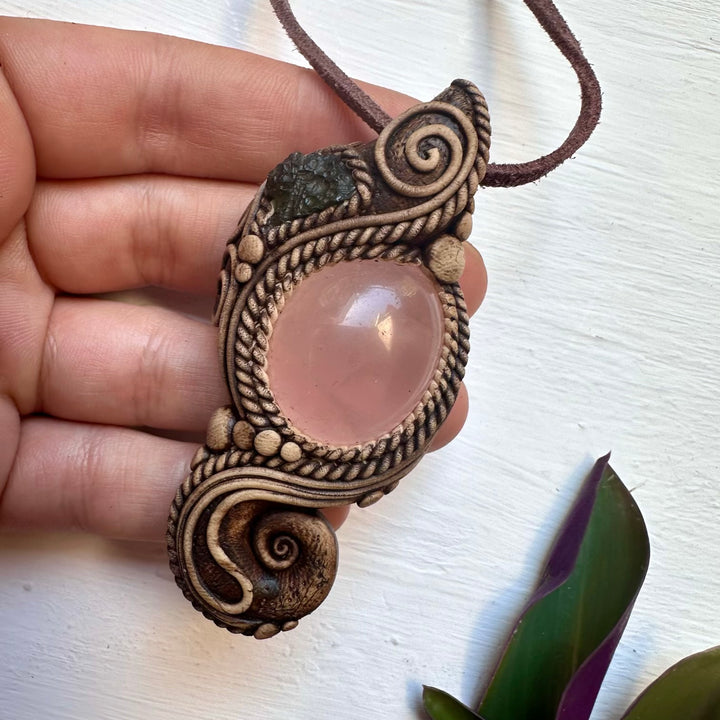 Rose Quartz and Moldavite Pendant Necklace - FairyGardenGlow