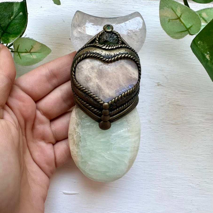 Handmade Crystal Wand with Pistachio Calcite Clear Quartz Moon Moldavite Moonstone Heart and Emerald - FairyGardenGlow