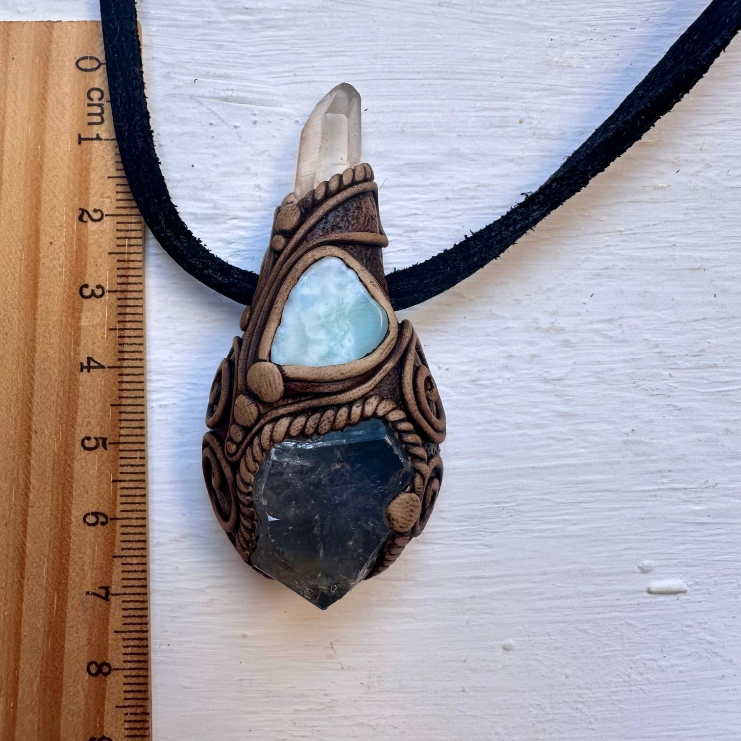 Celestite Clear Quartz and Larimar Necklace, Handmade Crystal Pendant - FairyGardenGlow