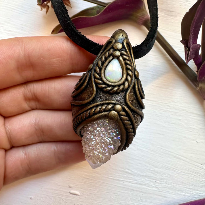 Angel Aura Spirit Quartz and Australian Opal Necklace - FairyGardenGlow