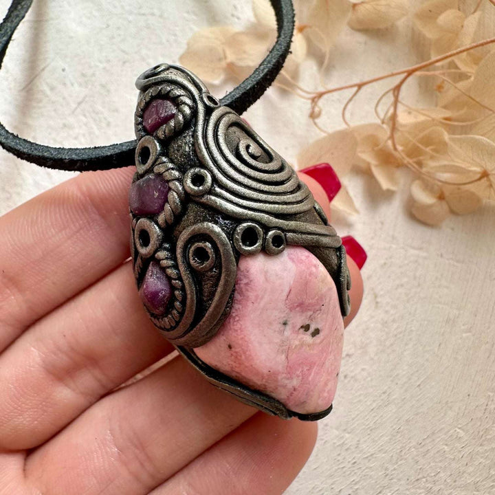 Peruvian Rhodonite and Ruby Crystal Necklace - FairyGardenGlow