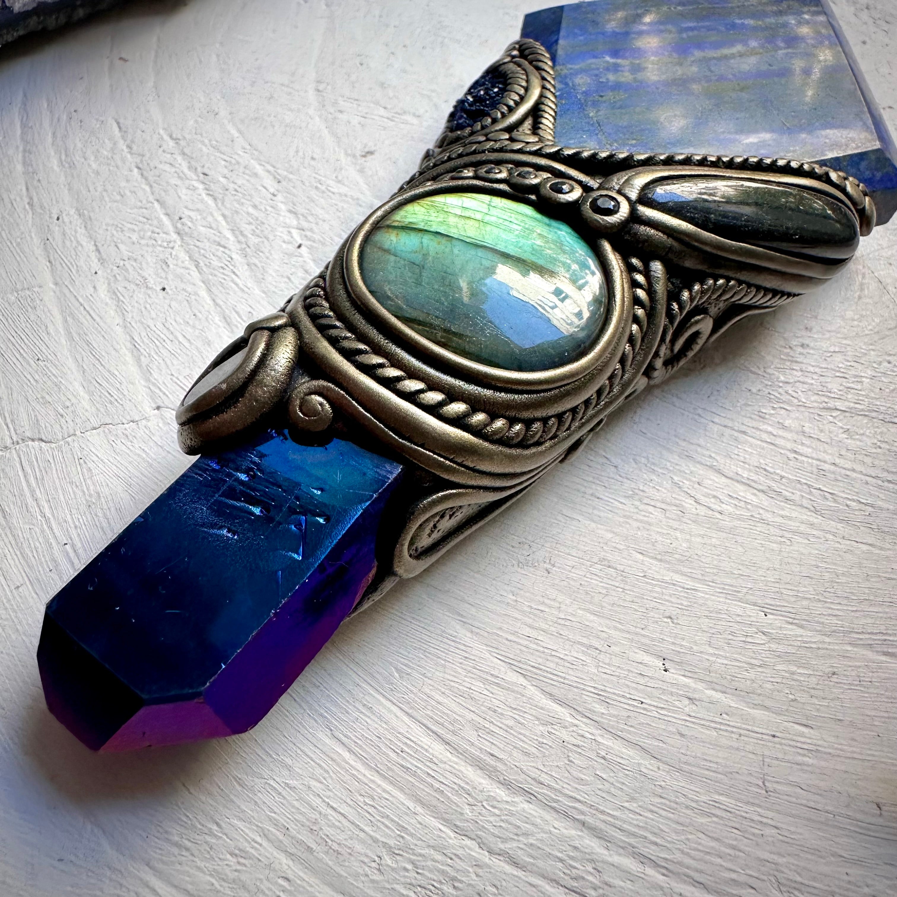 Lapis Lazuli Cobalt Aura Quartz Labradorite Black Tourmaline Azurite Black Onyx and Blue Sapphire Wand - FairyGardenGlow