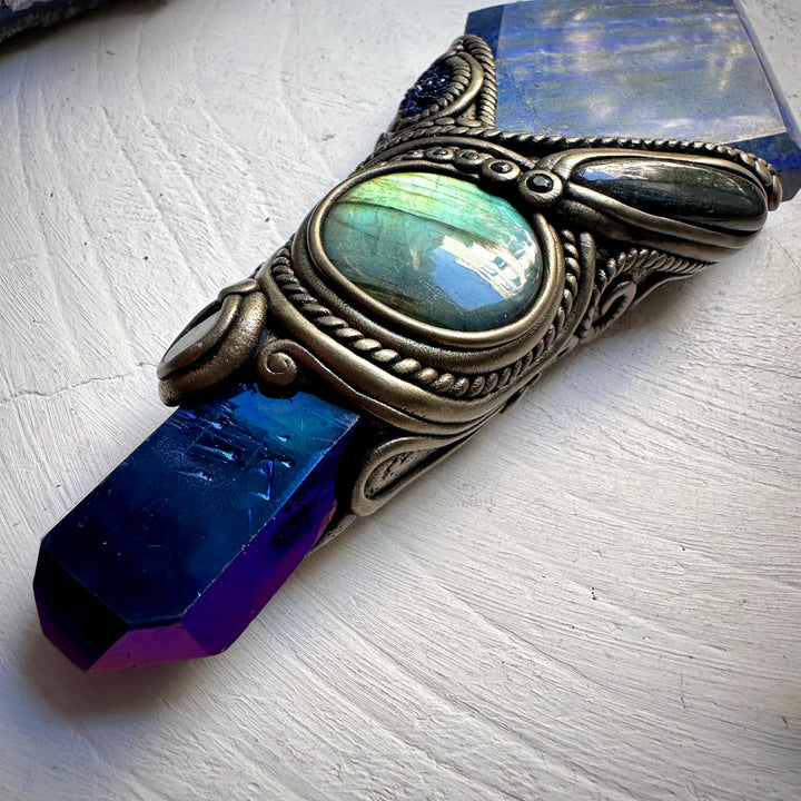 Lapis Lazuli Cobalt Aura Quartz Labradorite Black Tourmaline Azurite Black Onyx and Blue Sapphire Wand - FairyGardenGlow
