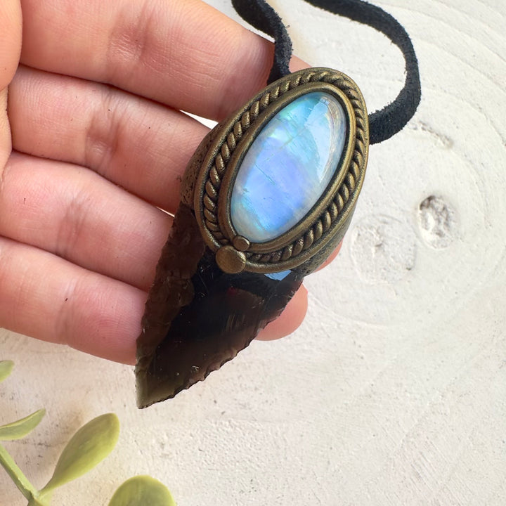 Unisex protection necklace with natural healing crystals moonstone obsidian