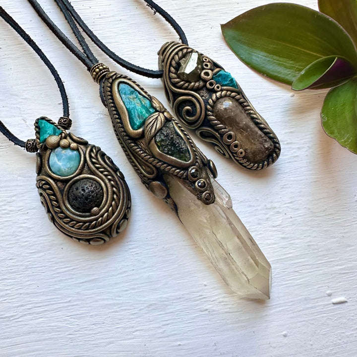 Kundalini Citrine Chrysocolla Moldavite and Blue Sapphire Wand / Pendant, Healing Crystal Tool - FairyGardenGlow