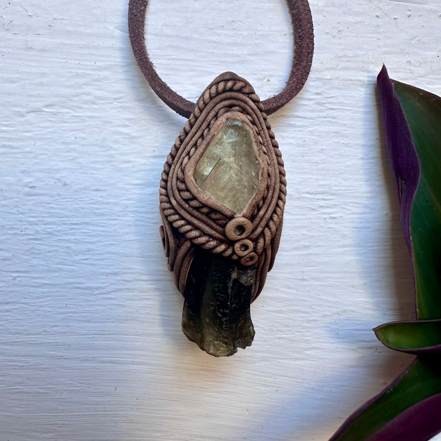 Moldavite and Hiddenite Pendant Necklace - FairyGardenGlow