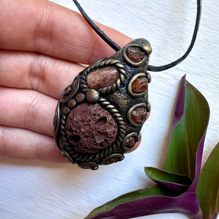 Lava Stone Sunstone and Hessonite Garnet Necklace - FairyGardenGlow