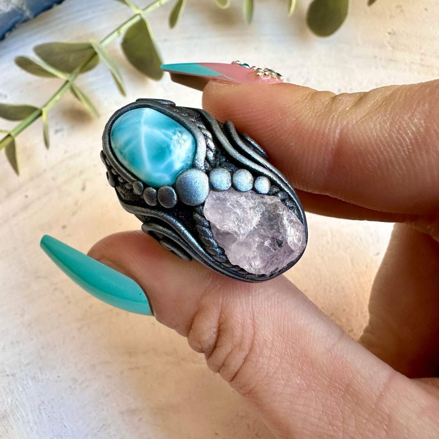 Larimar and rose quartz healing crystal ring