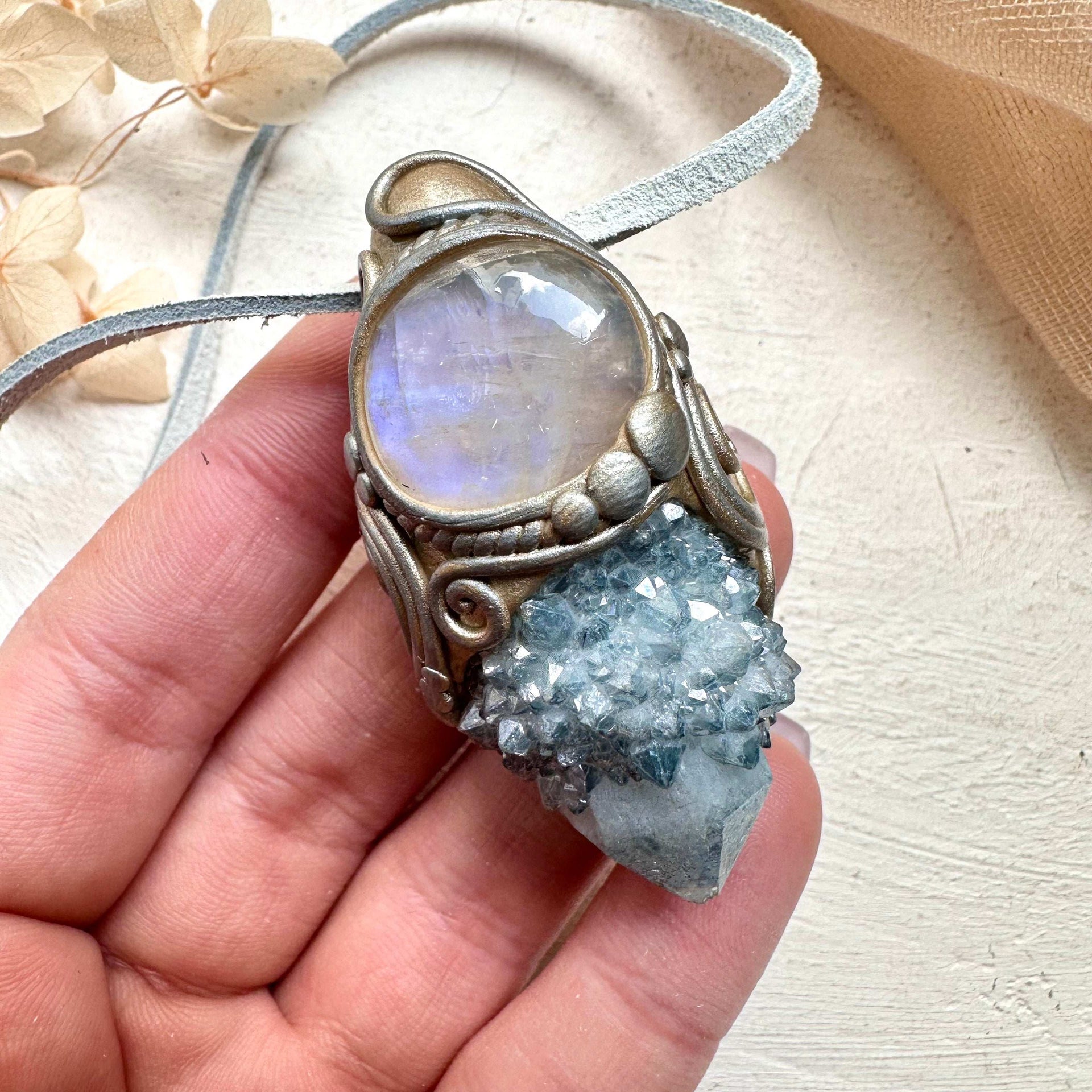 Aqua Aura Spirit Quartz and Moonstone Necklace - FairyGardenGlow
