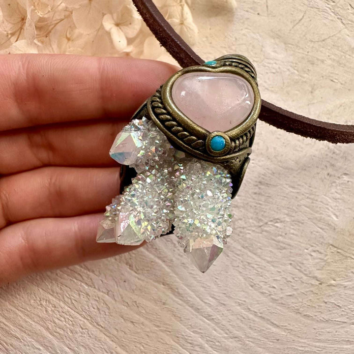 Angel Aura Spirit Quartz Cluster Rose Quartz and Australian Opal Necklace - FairyGardenGlow