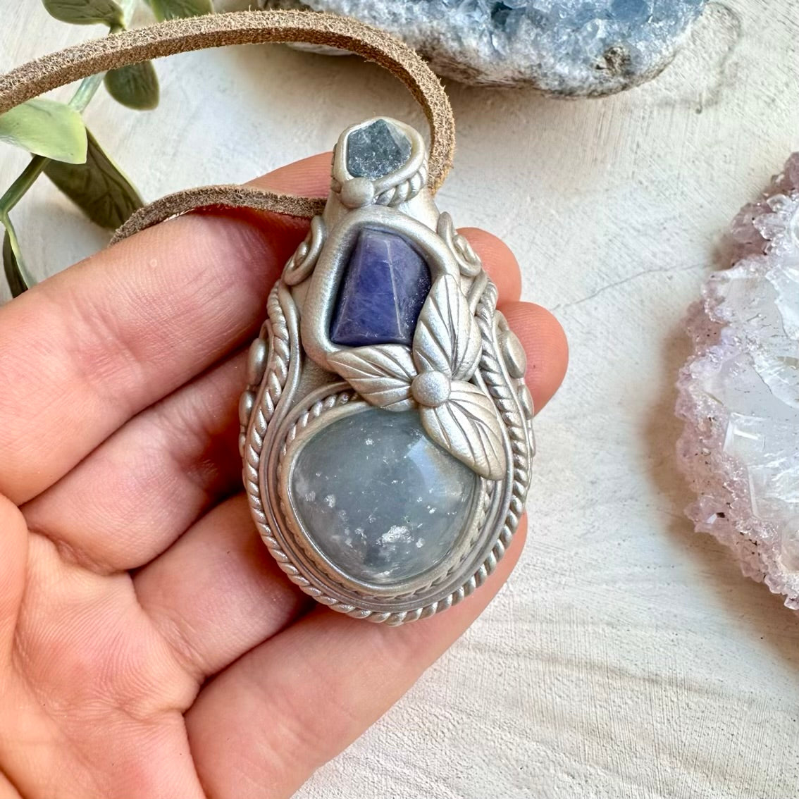 Celestite with Tanzanite and Raw Blue Sapphire Pendant Necklace