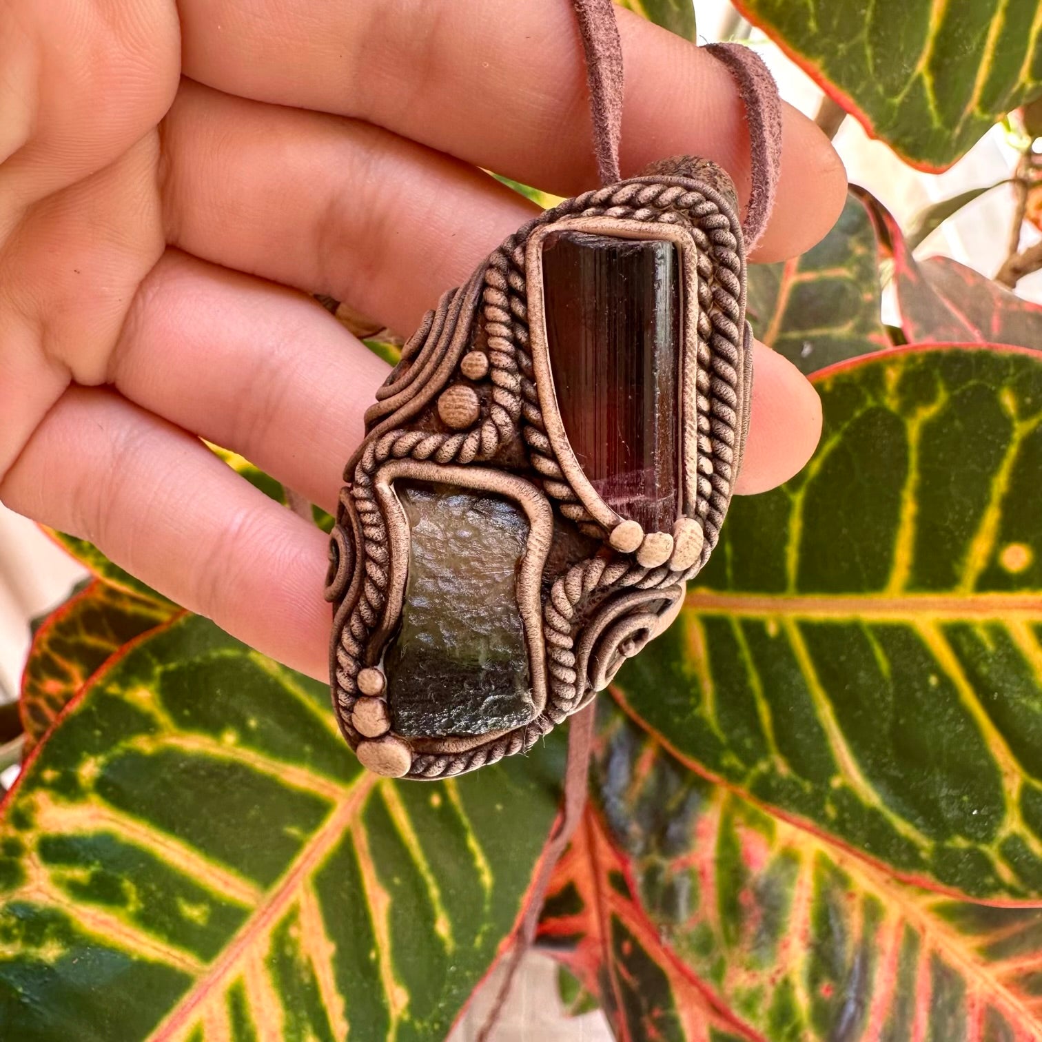 Rubellite Tourmaline and Moldavite Pendant Necklace - FairyGardenGlow
