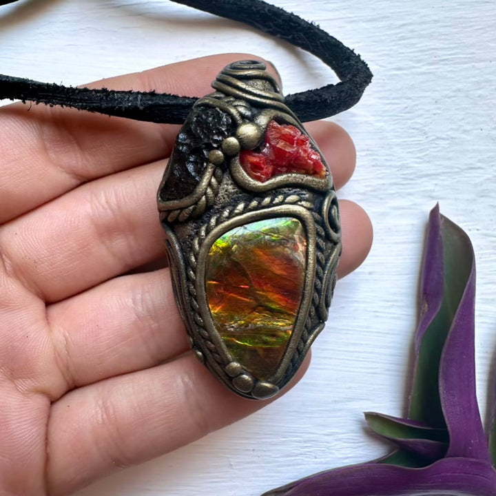 Ammolite Vanadinite Moldavite Necklace - FairyGardenGlow