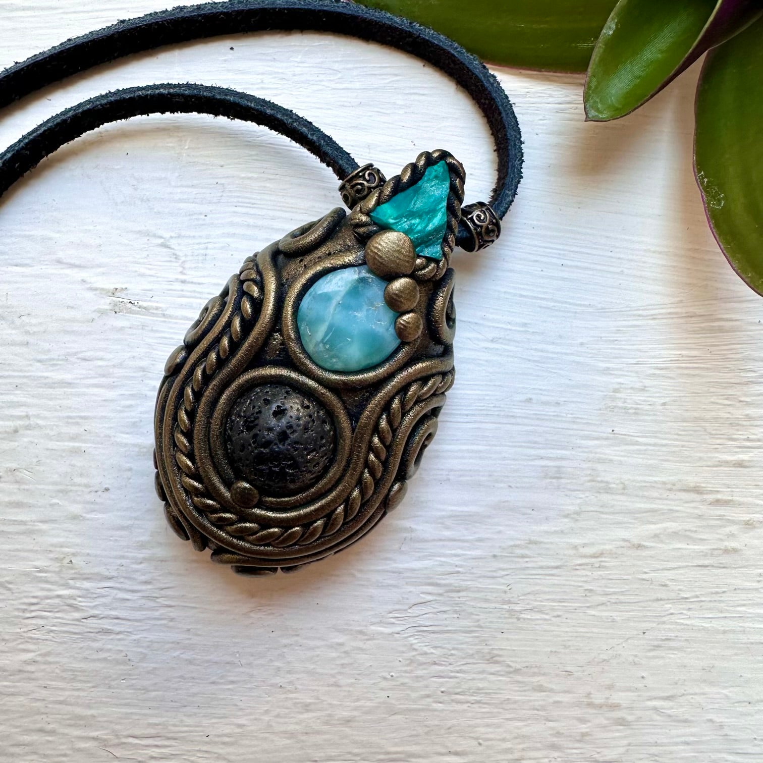 Lava Stone Larimar and Raw Chrysocolla Necklace - FairyGardenGlow