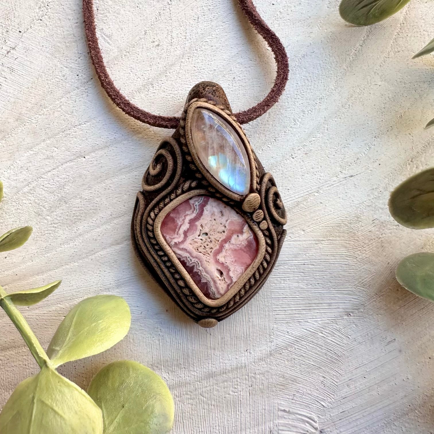 Rhodochrosite and Moonstone Pendant, Gemstone Clay Necklace
