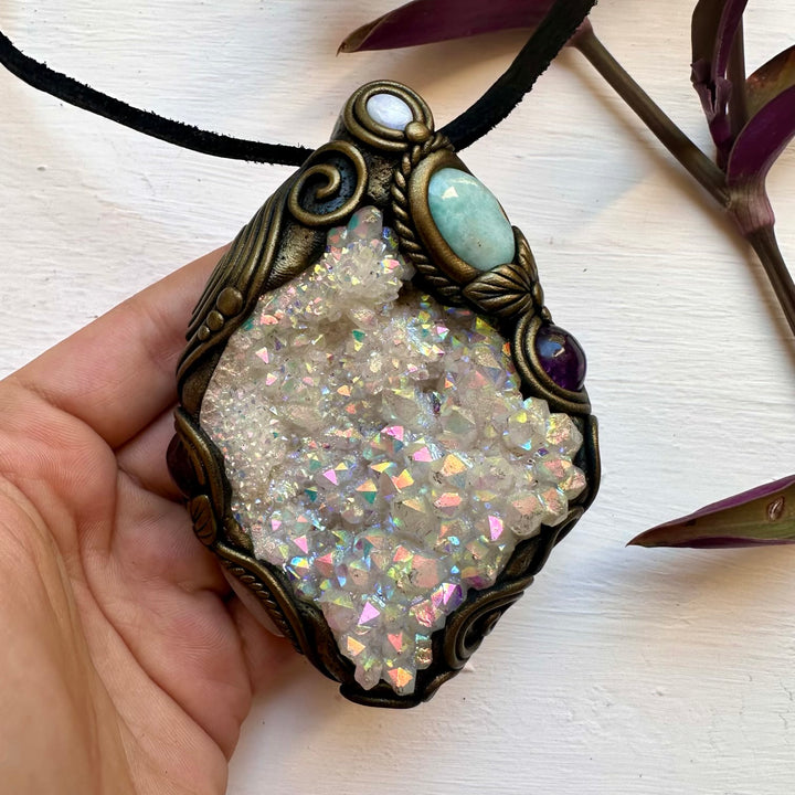 Angel Aura Quartz Cluster Larimar Amethyst Morganite and Australian Opal Wand / Pendant - FairyGardenGlow