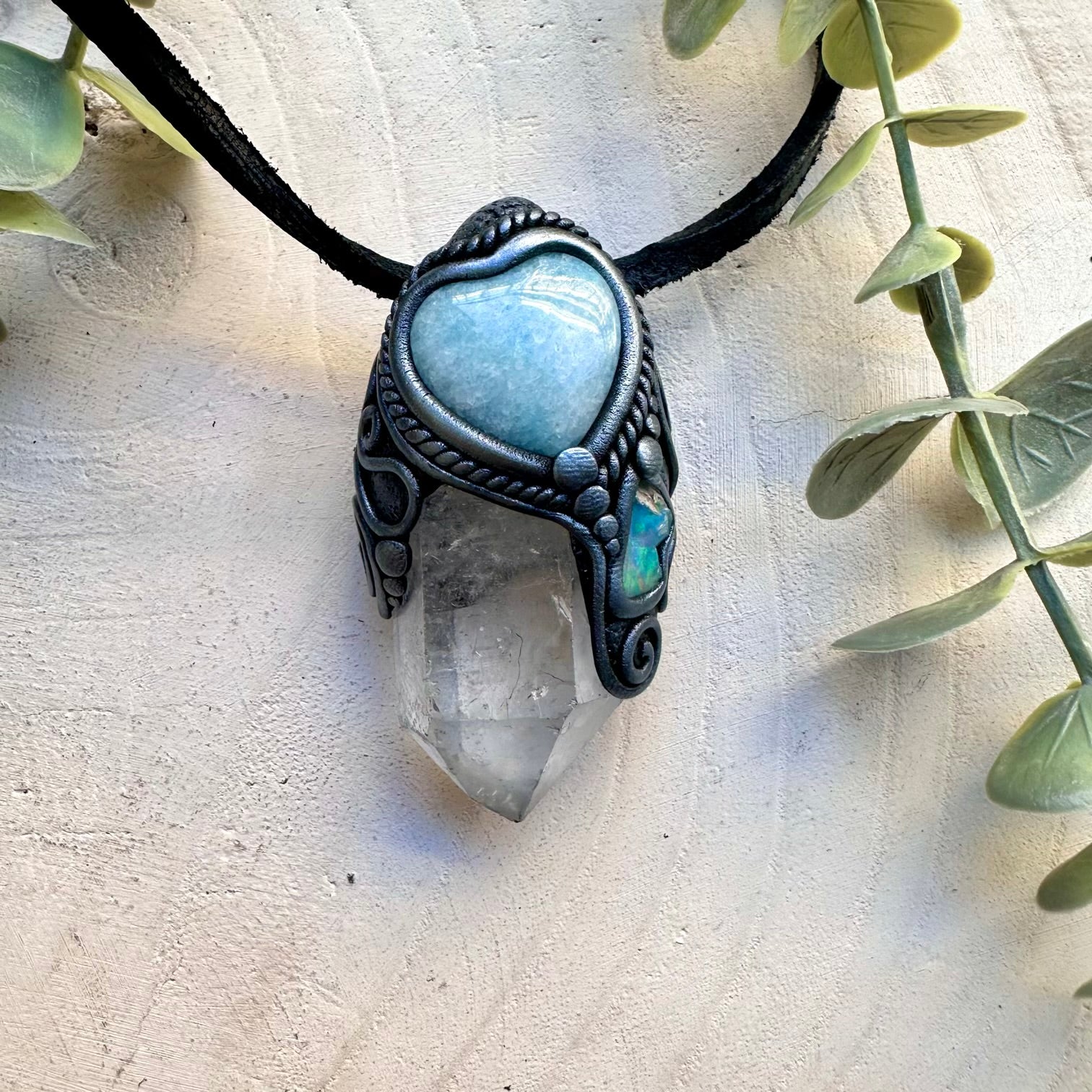 Clear Quartz with Aquamarine Heart and Raw Ethiopian Opal Pendant Necklace