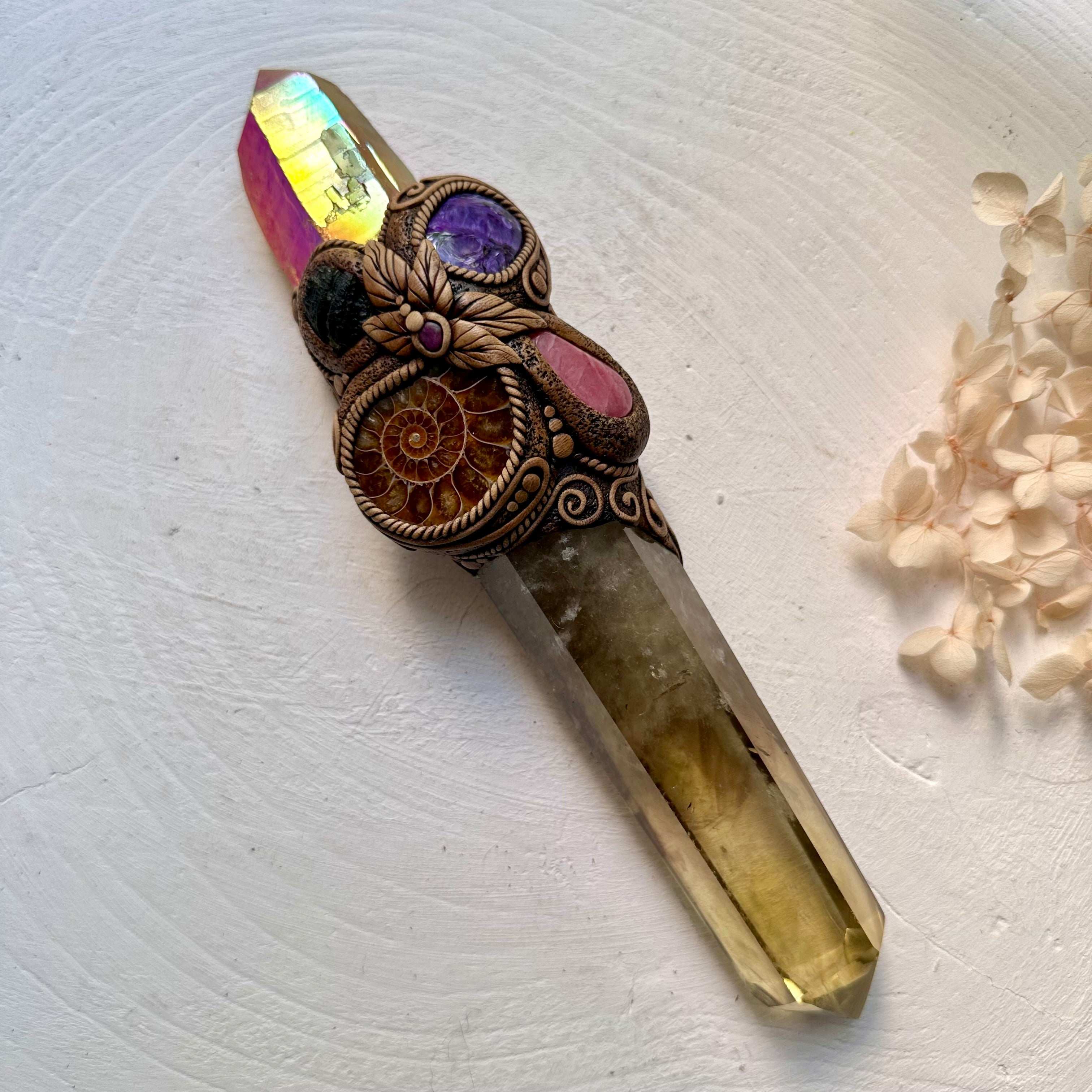 Crystal Wand - Citrine, Sunset Aura Quartz, Ammonite, Rhodochrosite, Charoite, Moldavite and Ruby - FairyGardenGlow
