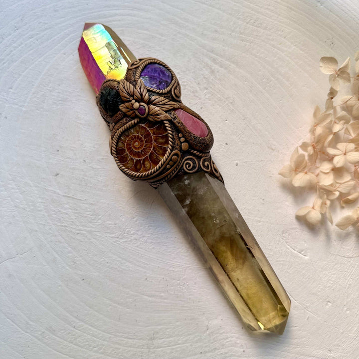 Crystal Wand - Citrine, Sunset Aura Quartz, Ammonite, Rhodochrosite, Charoite, Moldavite and Ruby - FairyGardenGlow
