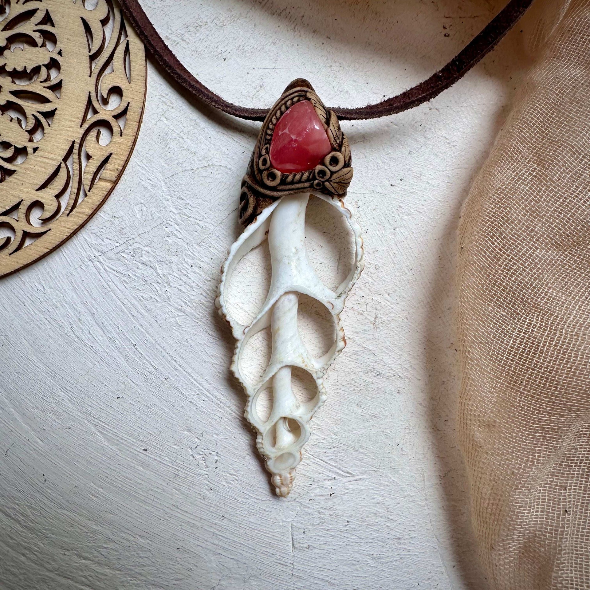 Seashell and Rhdoochrosite Necklace - FairyGardenGlow