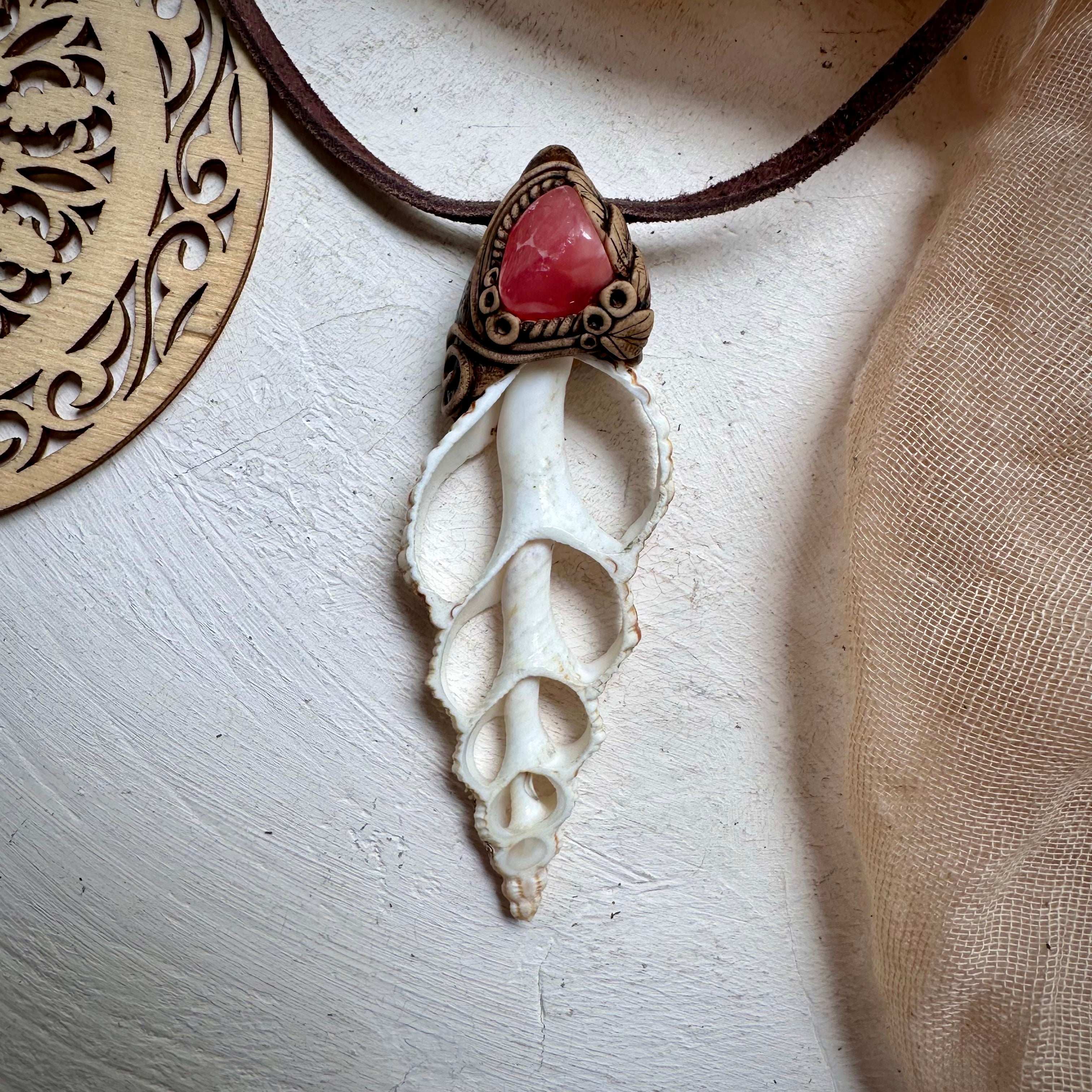 Seashell and Rhdoochrosite Necklace - FairyGardenGlow