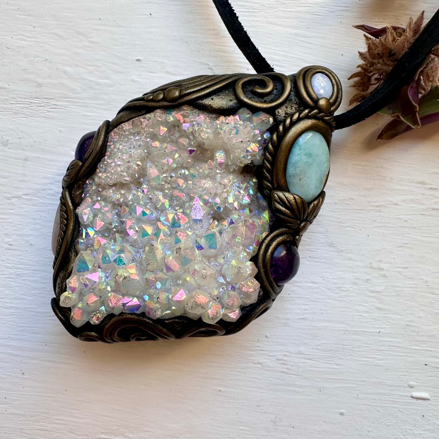 Angel Aura Quartz Cluster Larimar Amethyst Morganite and Australian Opal Wand / Pendant - FairyGardenGlow