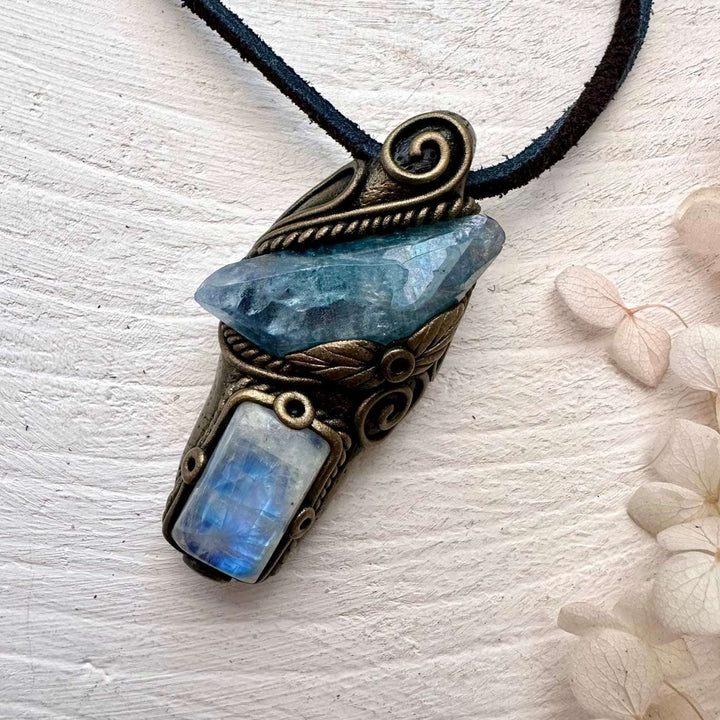 Aqua Aura Quartz and Moonstone Necklace - FairyGardenGlow