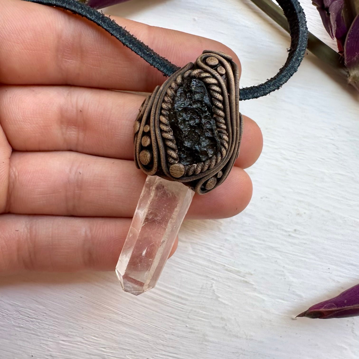 Lemurian Seed Quartz and Moldavite Necklace - FairyGardenGlow