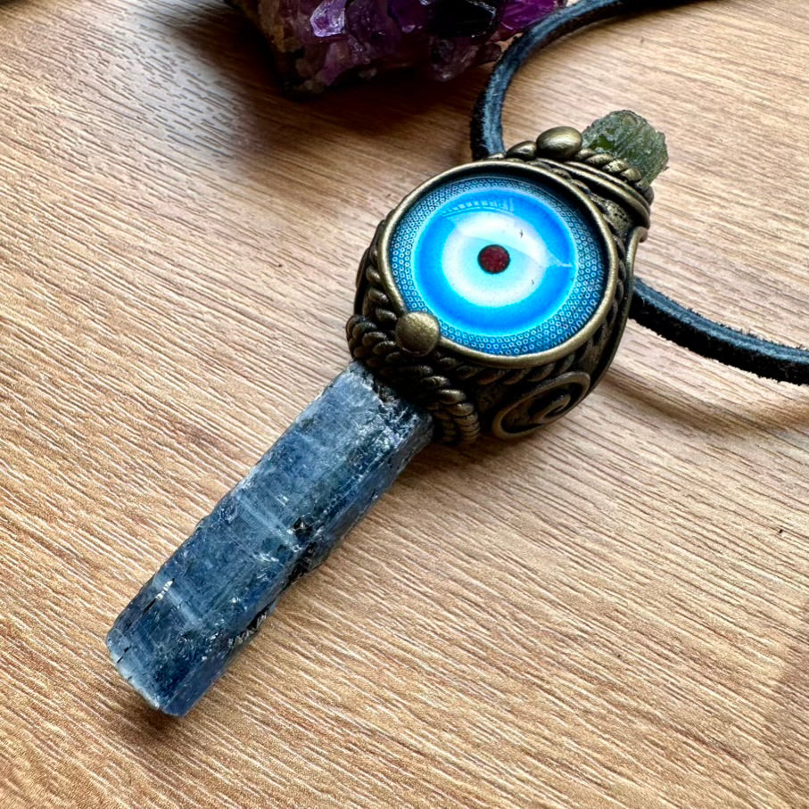 Blue Kyanite and Moldavite Evil Eye Protection Amulet, Handmade Crystal Necklace - FairyGardenGlow