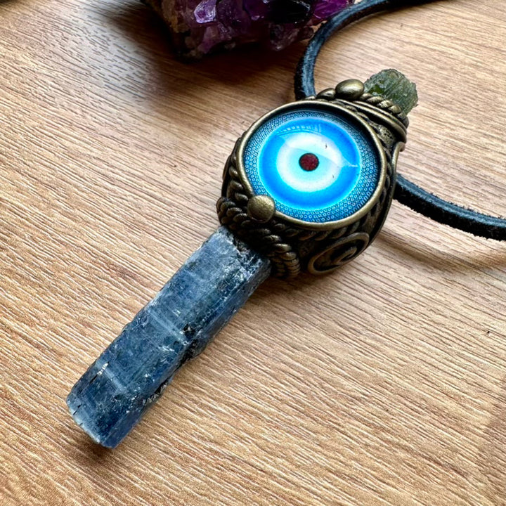 Blue Kyanite and Moldavite Evil Eye Protection Amulet, Handmade Crystal Necklace - FairyGardenGlow