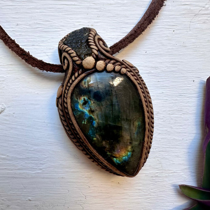 Labradorite and Moldavite Pendant Necklace, Handmade One of a Kind Jewelry - FairyGardenGlow