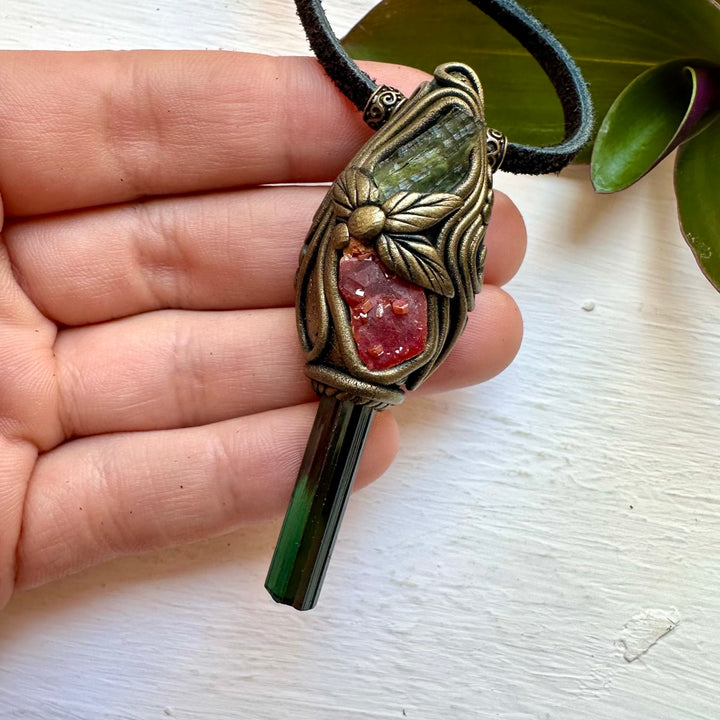 Blue-Green Tourmaline Vanadinite and Moldavite Necklace, Healing Crystal Jewelry - FairyGardenGlow