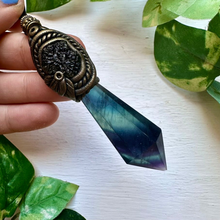 Blue Rainbow Fluorite and Moldavite Pendant Necklace - FairyGardenGlow