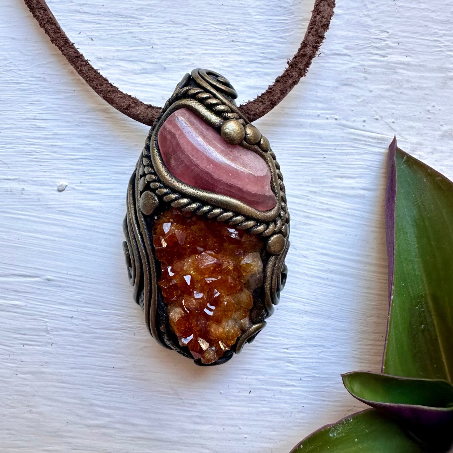 Citrine Cluster and Rhodochrosite Necklace, Handmade Healing Crystal Pendant