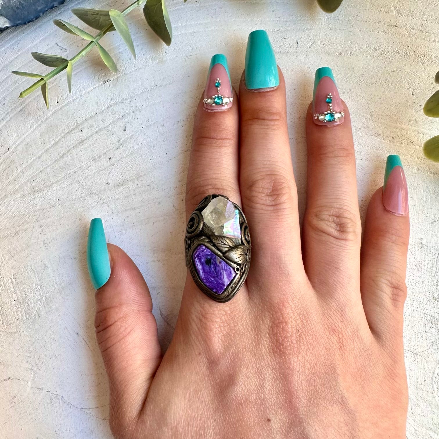 Angel Aura Quartz Cluster and Charoite Ring