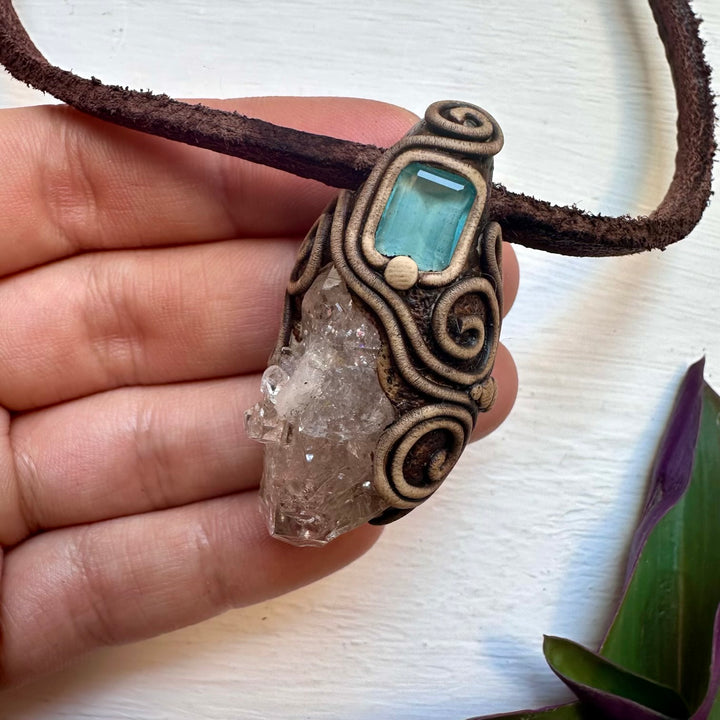 Herkimer Diamond Quartz and Blue Topaz Pendant Necklace - FairyGardenGlow