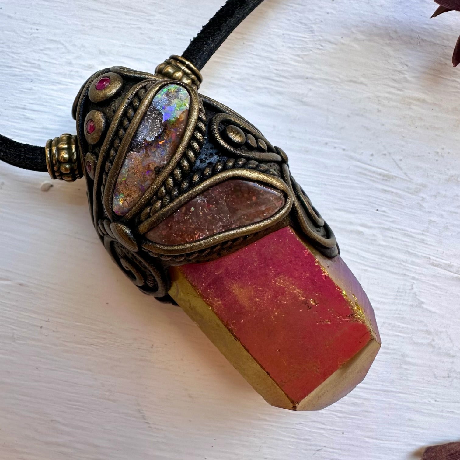 Sunset Aura Quartz Sunstone Boulder Opal and Ruby Wand / Necklace - FairyGardenGlow