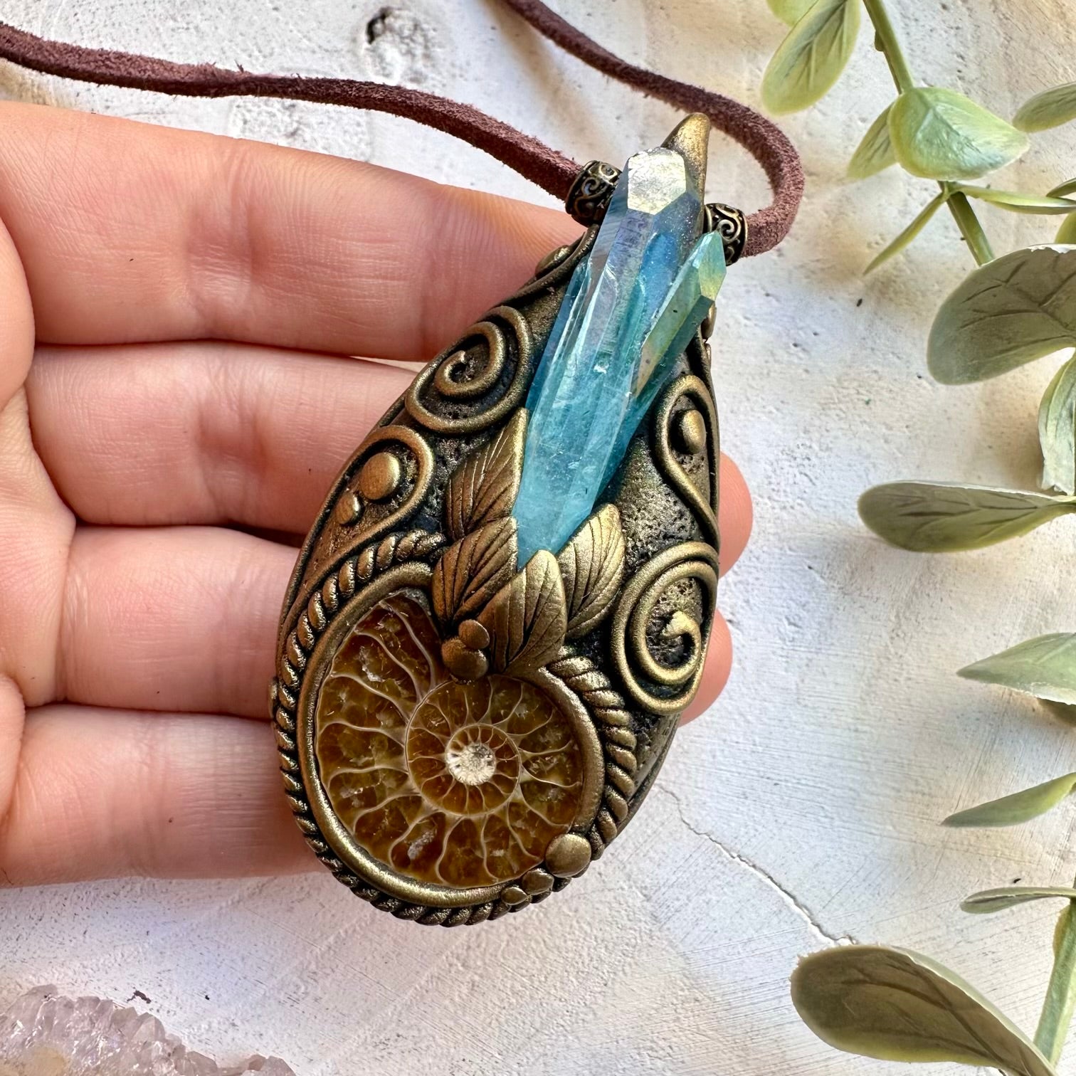 Ammonite and Aqua Aura Quartz Protection Unisex Necklace