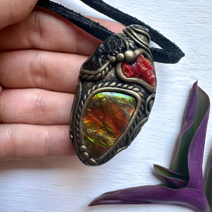 Ammolite Vanadinite Moldavite Necklace - FairyGardenGlow