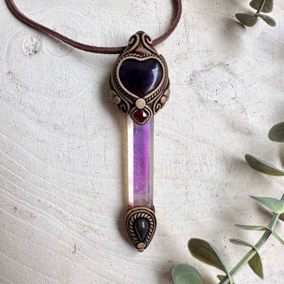 Angel Aura Quartz with Amethyst Heart, Black Ethiopian Opal and Rhodolite Garnet Pendant - Healing Crystal Necklace