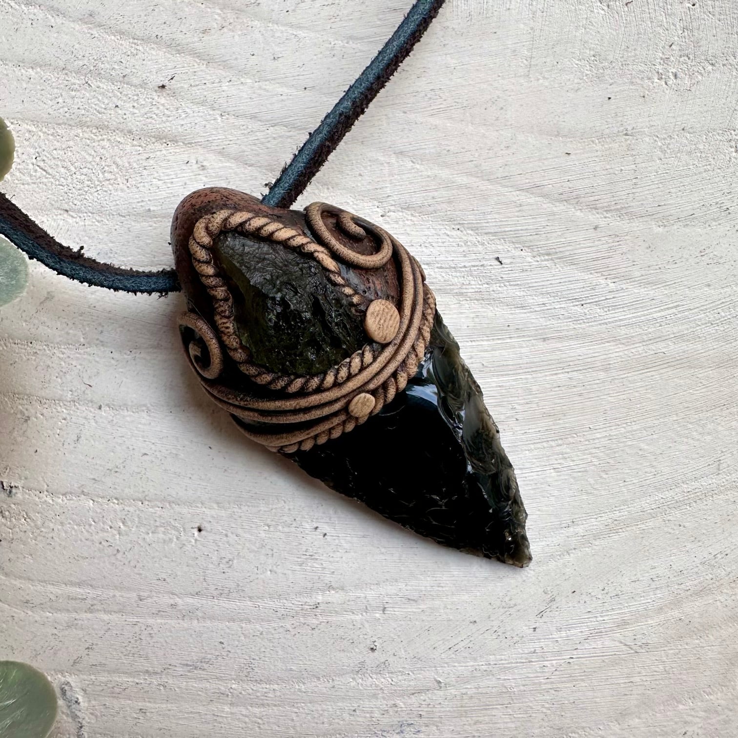Black Obsidian Arrowhead and Moldavite Pendant Necklace