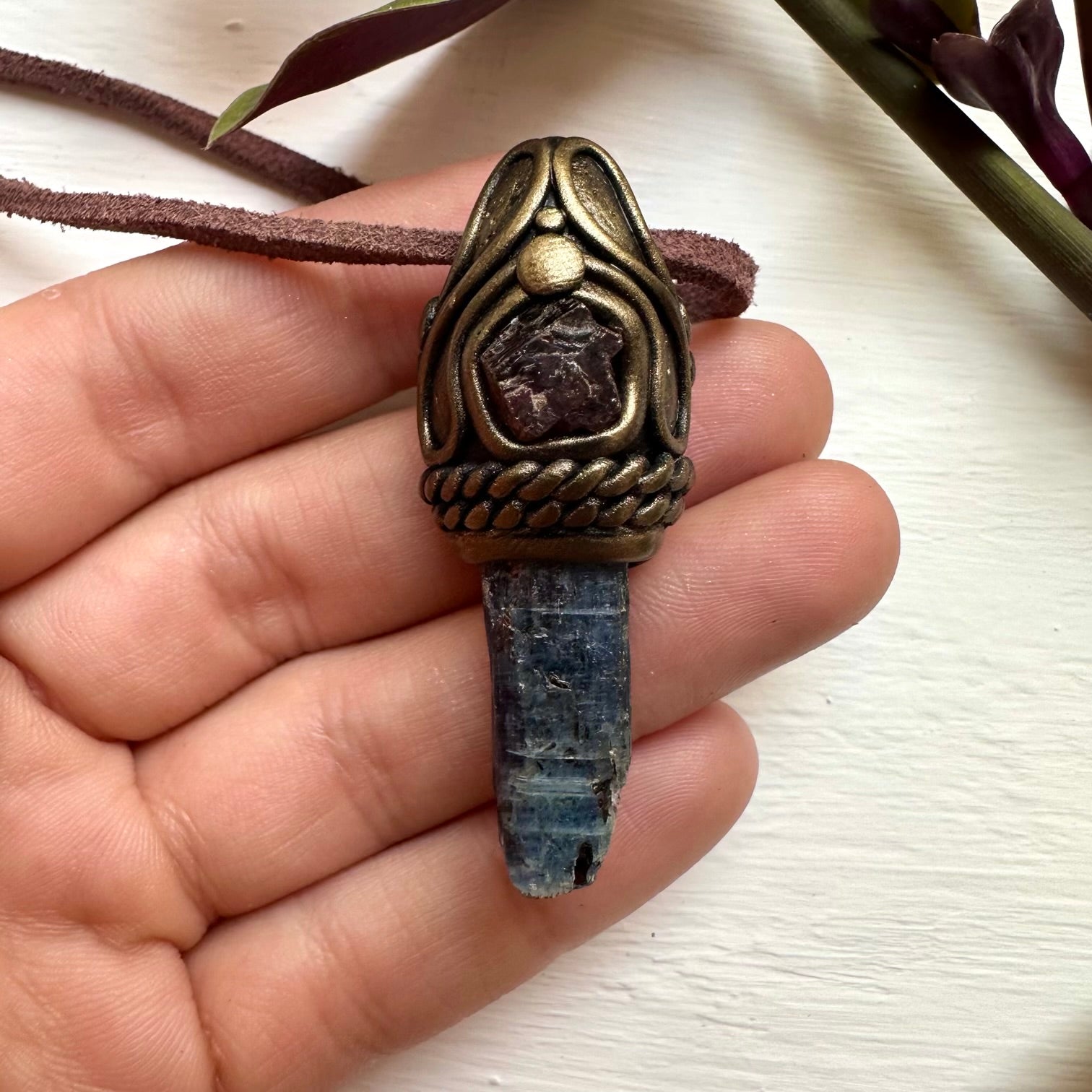 Blue Kyanite and Red Garnet Pendant - FairyGardenGlow