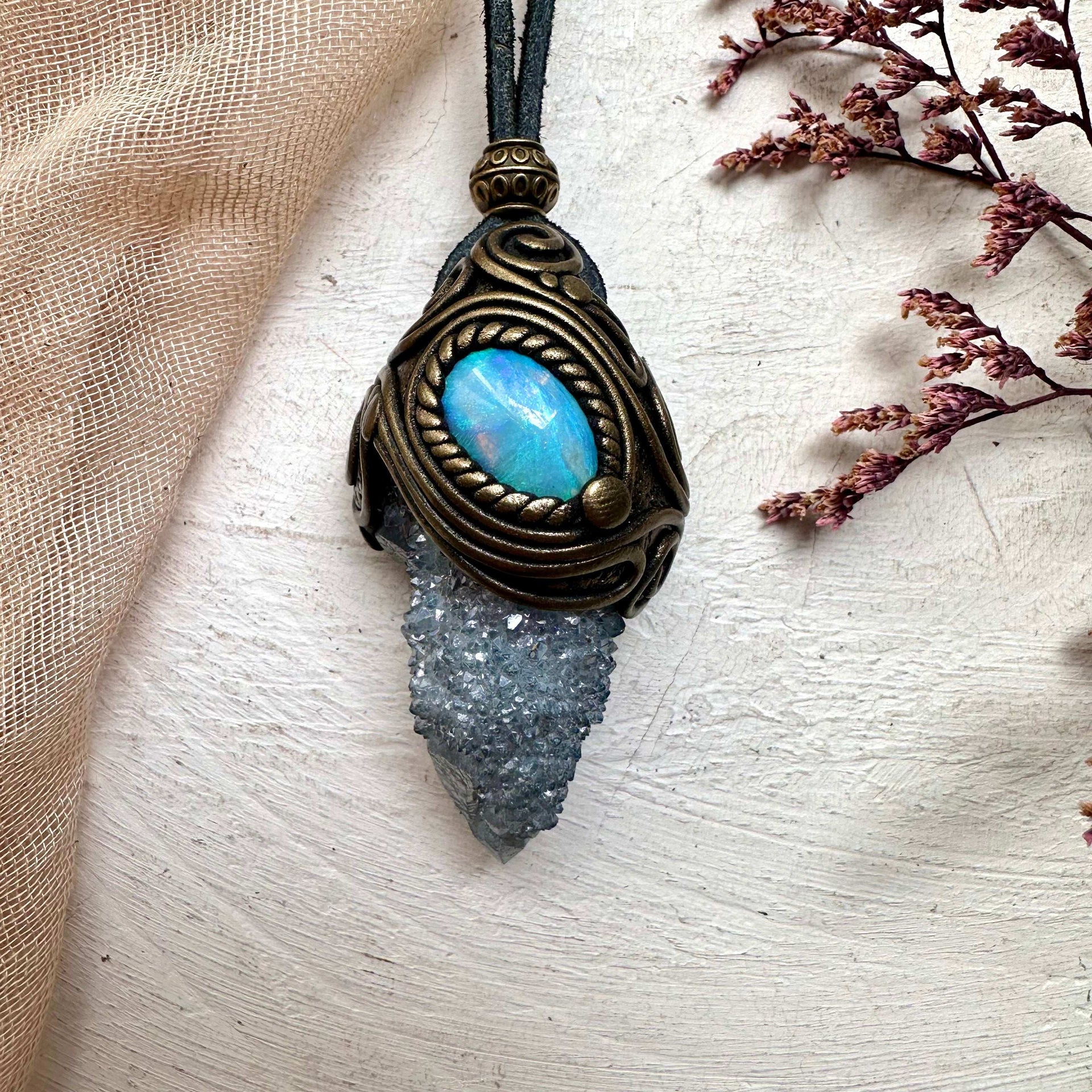 Aqua Aura Spirit Quartz and Australian Opal Necklace - FairyGardenGlow