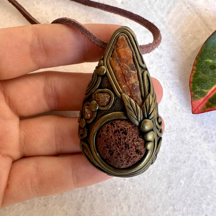 Red Lava Stone Orange Kyanite and Hessonite Garnet Necklace - FairyGardenGlow