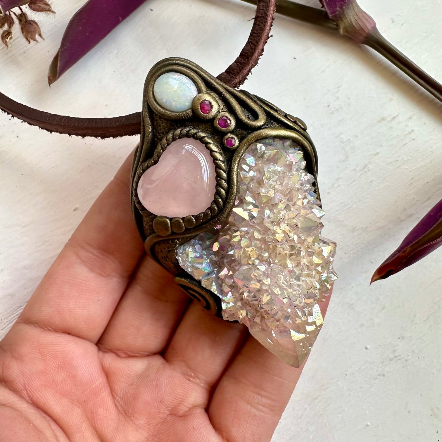 Angel Aura Spirit Quartz Rose Quartz Heart Australian Opal and Ruby Wand / Necklace - FairyGardenGlow