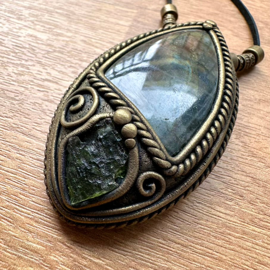 Purple Labradorite and Moldavite Necklace, Handmade Protection Amulet - FairyGardenGlow