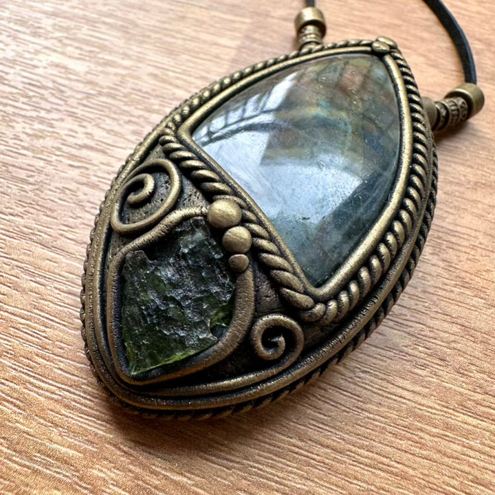Purple Labradorite and Moldavite Necklace, Handmade Protection Amulet - FairyGardenGlow