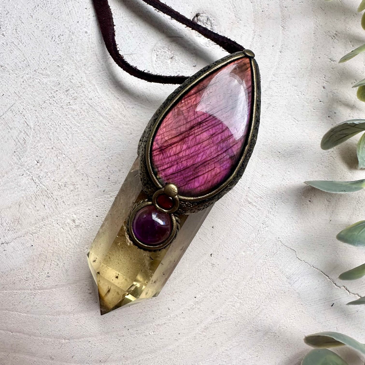 Handmade gemstone wand necklace with natural healing crystals