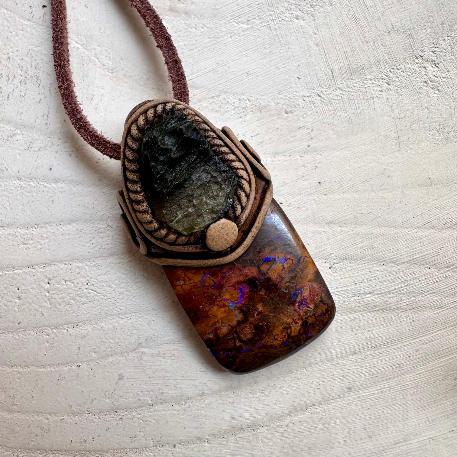 Boulder Opal and Raw Moldavite Necklace, One of a kind Jewelry