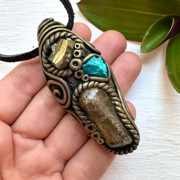 Citrine Chrysocolla and Pyrite Necklace, Gemstone Jewelry - FairyGardenGlow